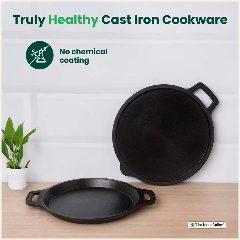 CASTrong Cast Iron Cookware Set - Tawa [27.5 cm] + Fish Fry Pan [25 cm] + Free Wooden Flip, Pre-seasoned, 100% Pure, Toxin-free, Induction Compatible - Image 3