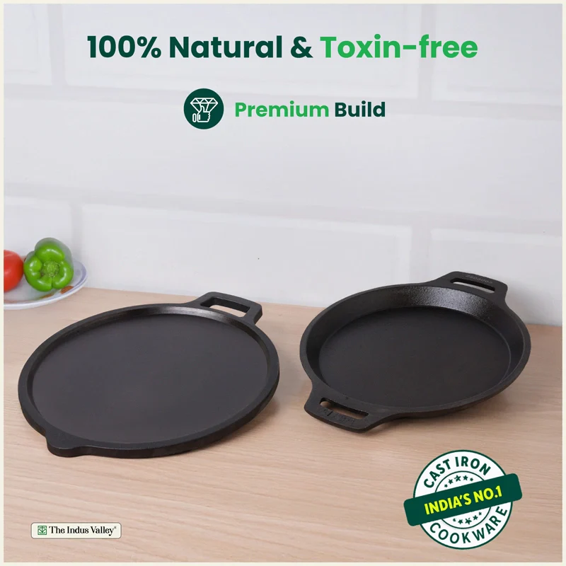 CASTrong Cast Iron Cookware Set - Tawa [27.5 cm] + Fish Fry Pan [25 cm] + Free Wooden Flip, Pre-seasoned, 100% Pure, Toxin-free, Induction Compatible - Image 4