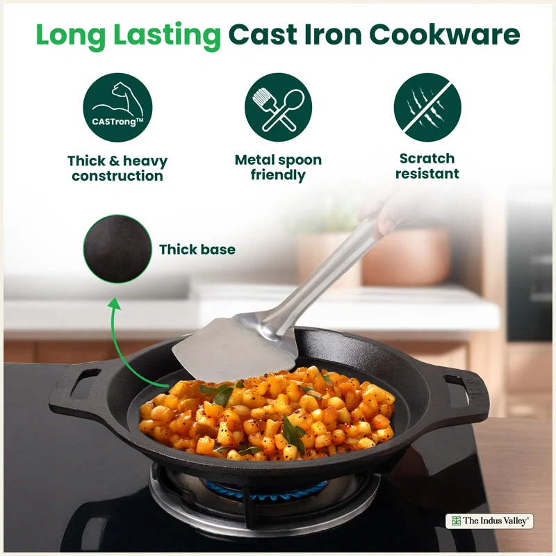 CASTrong Cast Iron Cookware Set - Tawa [27.5 cm] + Fish Fry Pan [25 cm] + Free Wooden Flip, Pre-seasoned, 100% Pure, Toxin-free, Induction Compatible - Image 8