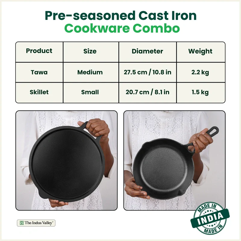 CASTrong Cast Iron Combo - Tawa [27.5 cm] + Skillet [20.7 cm] + Free Wooden Flip, Pre-seasoned, 100% Pure, Toxin-free, Induction Compatible - Image 2