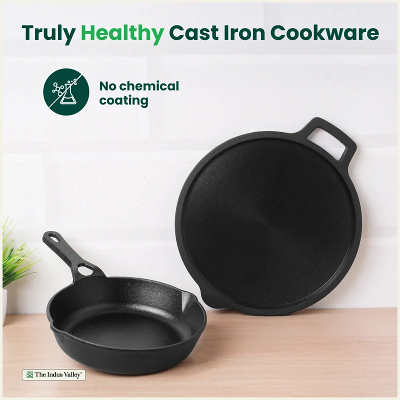 CASTrong Cast Iron Combo - Tawa [27.5 cm] + Skillet [20.7 cm] + Free Wooden Flip, Pre-seasoned, 100% Pure, Toxin-free, Induction Compatible - Image 3