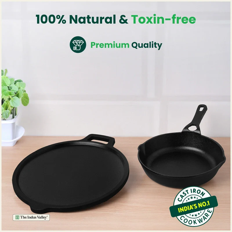 CASTrong Cast Iron Combo - Tawa [27.5 cm] + Skillet [20.7 cm] + Free Wooden Flip, Pre-seasoned, 100% Pure, Toxin-free, Induction Compatible - Image 4