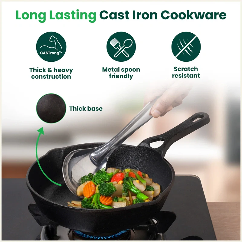 CASTrong Cast Iron Combo - Tawa [27.5 cm] + Skillet [20.7 cm] + Free Wooden Flip, Pre-seasoned, 100% Pure, Toxin-free, Induction Compatible - Image 8