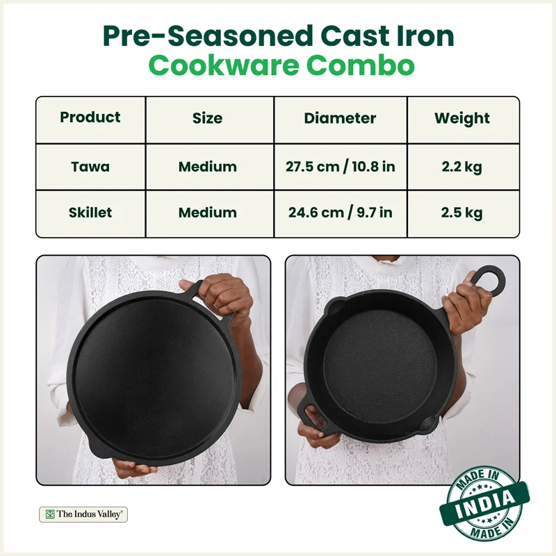 CASTrong Cast Iron Combo - Tawa [27.5 cm] + Skillet [24.6 cm] + Free Wooden Flip, Pre-seasoned, 100% Pure, Toxin-free, Induction Compatible - Image 2