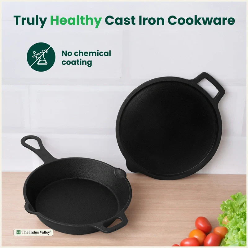 CASTrong Cast Iron Combo - Tawa [27.5 cm] + Skillet [24.6 cm] + Free Wooden Flip, Pre-seasoned, 100% Pure, Toxin-free, Induction Compatible - Image 3