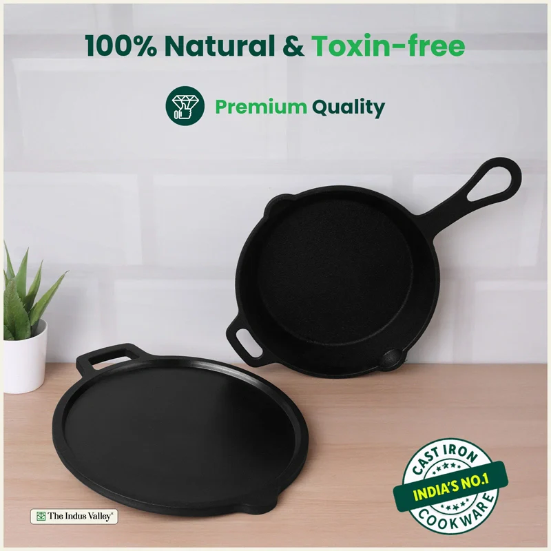 CASTrong Cast Iron Combo - Tawa [27.5 cm] + Skillet [24.6 cm] + Free Wooden Flip, Pre-seasoned, 100% Pure, Toxin-free, Induction Compatible - Image 4
