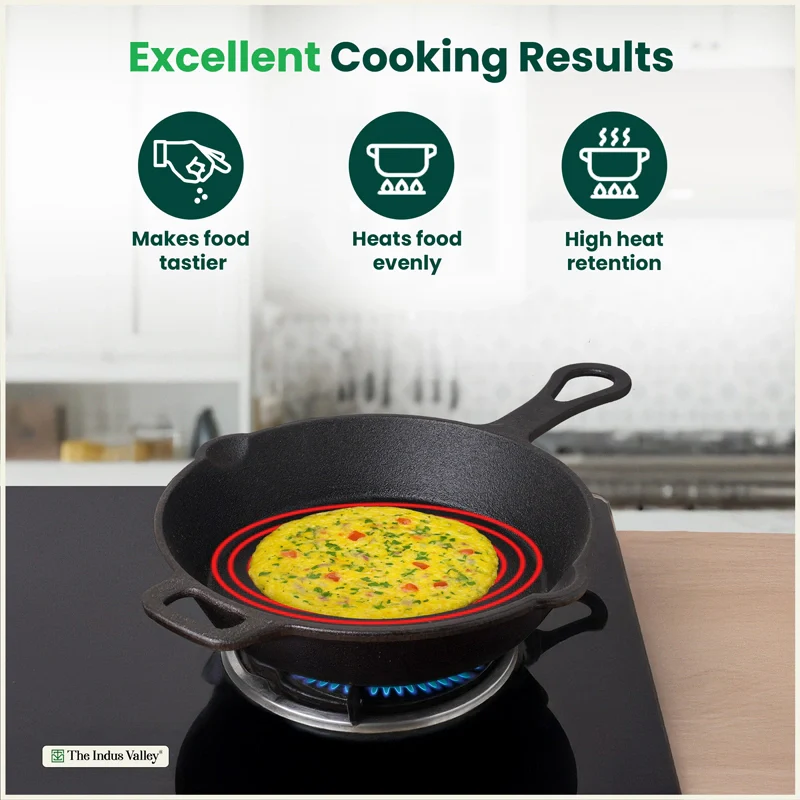 CASTrong Cast Iron Combo - Tawa [27.5 cm] + Skillet [24.6 cm] + Free Wooden Flip, Pre-seasoned, 100% Pure, Toxin-free, Induction Compatible - Image 7