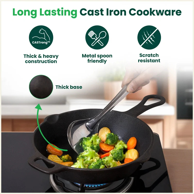 CASTrong Cast Iron Combo - Tawa [27.5 cm] + Skillet [24.6 cm] + Free Wooden Flip, Pre-seasoned, 100% Pure, Toxin-free, Induction Compatible - Image 8