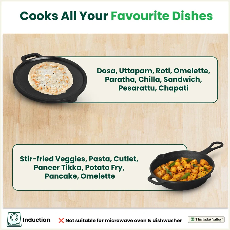 CASTrong Cast Iron Combo - Tawa [27.5 cm] + Skillet [24.6 cm] + Free Wooden Flip, Pre-seasoned, 100% Pure, Toxin-free, Induction Compatible - Image 9