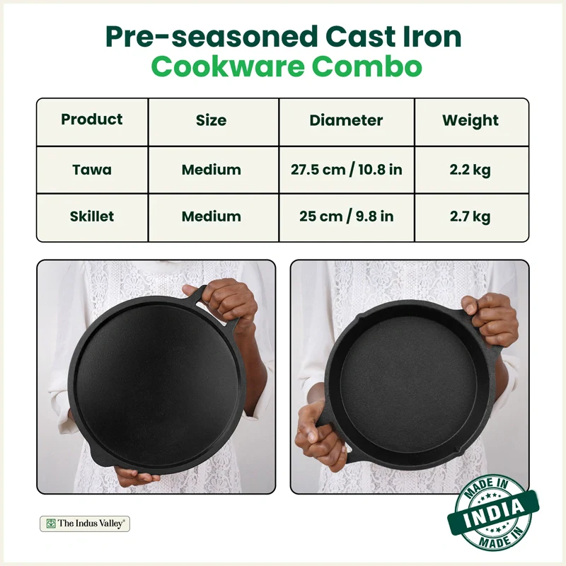CASTrong Cast Iron Combo - Tawa [27.5 cm] + Skillet [25 cm] + Free Wooden Flip, Pre-seasoned, 100% Pure, Toxin-free, Induction Compatible - Image 2