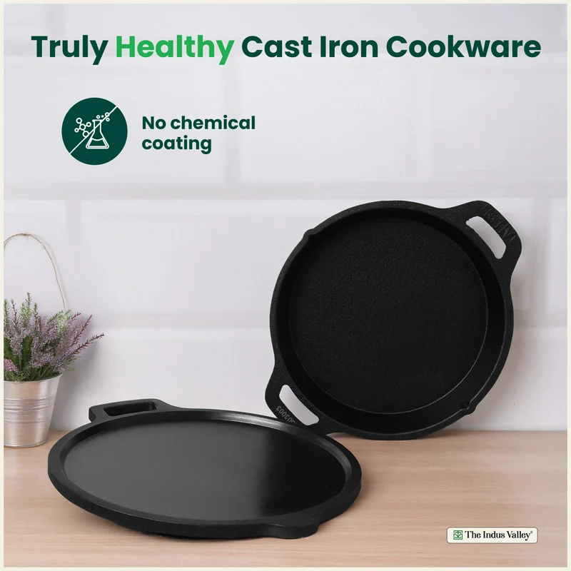 CASTrong Cast Iron Combo - Tawa [27.5 cm] + Skillet [25 cm] + Free Wooden Flip, Pre-seasoned, 100% Pure, Toxin-free, Induction Compatible - Image 3