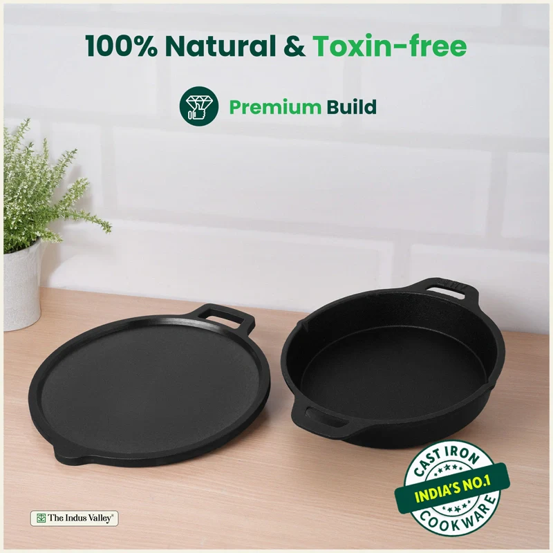 CASTrong Cast Iron Combo - Tawa [27.5 cm] + Skillet [25 cm] + Free Wooden Flip, Pre-seasoned, 100% Pure, Toxin-free, Induction Compatible - Image 4