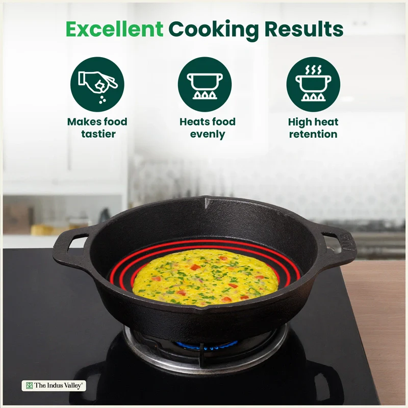 CASTrong Cast Iron Combo - Tawa [27.5 cm] + Skillet [25 cm] + Free Wooden Flip, Pre-seasoned, 100% Pure, Toxin-free, Induction Compatible - Image 7