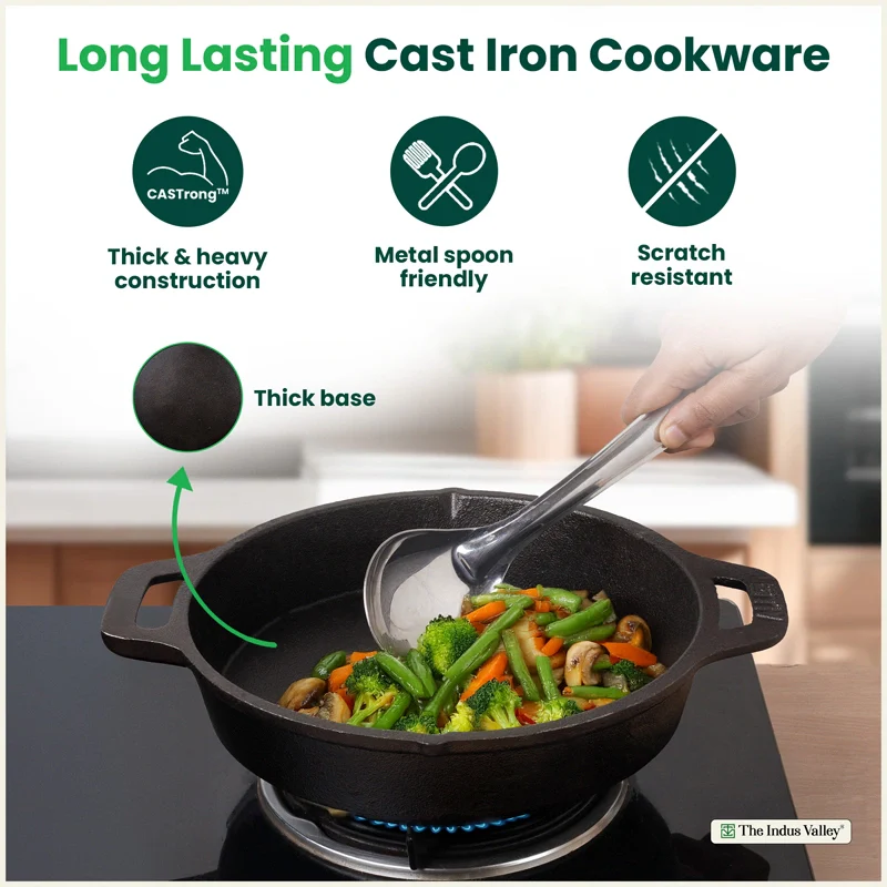 CASTrong Cast Iron Combo - Tawa [27.5 cm] + Skillet [25 cm] + Free Wooden Flip, Pre-seasoned, 100% Pure, Toxin-free, Induction Compatible - Image 8
