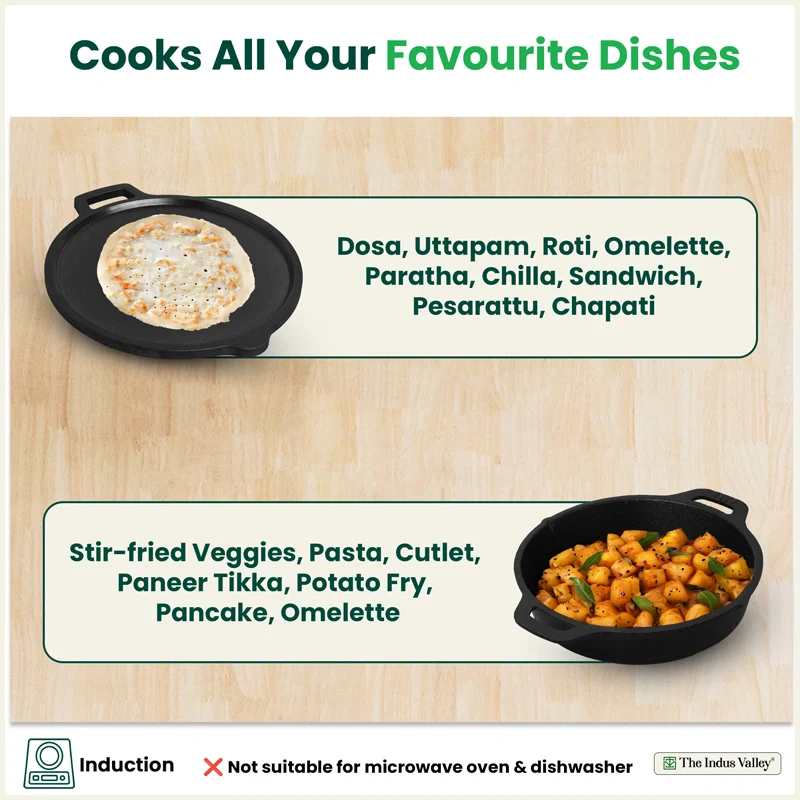 CASTrong Cast Iron Combo - Tawa [27.5 cm] + Skillet [25 cm] + Free Wooden Flip, Pre-seasoned, 100% Pure, Toxin-free, Induction Compatible - Image 9