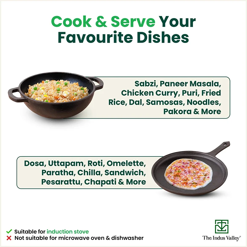 CASTrong Cast Iron Cookware Set: Tawa(25cm) + Kadai(25cm), Kitchen Set for Home, Pre-seasoned, 100% Pure, Toxin-free, Induction - Image 8
