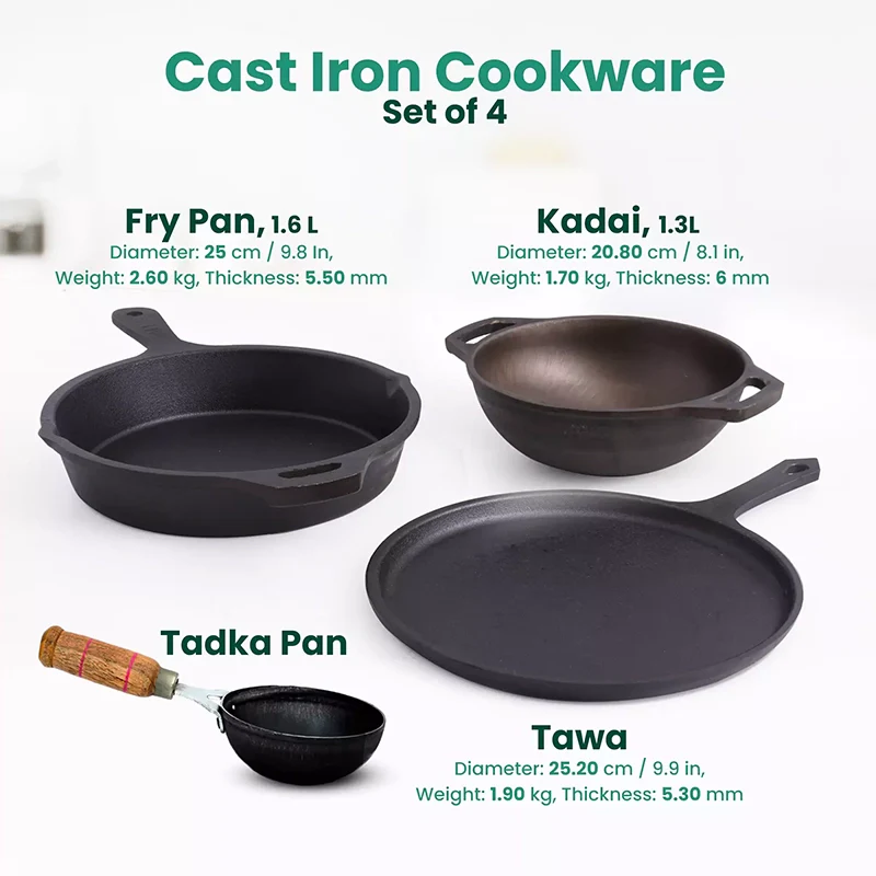 CASTrong Cast Iron Cookware Set: Tawa(25cm)+ Fry Pan(25cm) + Wok Kadai(20cm), Kitchen set for Home, Pre-seasoned,100% Pure Cast Iron Cookware,Toxin-free Pots and Pans, Free Tadka Pan - Image 2