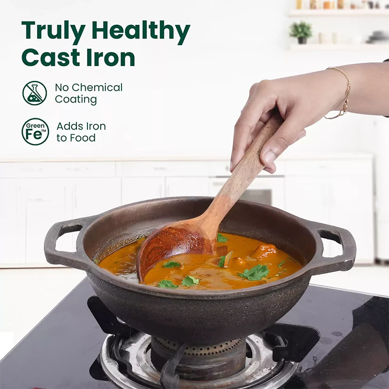 CASTrong Cast Iron Cookware Set: Tawa(25cm)+ Fry Pan(25cm) + Wok Kadai(20cm), Kitchen set for Home, Pre-seasoned,100% Pure Cast Iron Cookware,Toxin-free Pots and Pans, Free Tadka Pan - Image 3