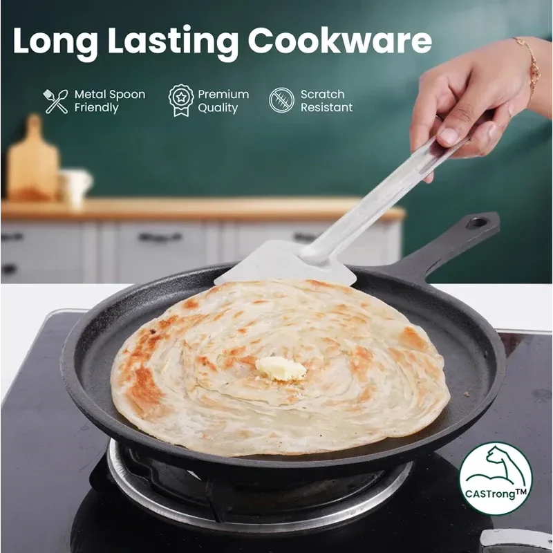 CASTrong Cast Iron Cookware Set: Tawa(25cm)+ Fry Pan(25cm) + Wok Kadai(20cm), Kitchen set for Home, Pre-seasoned,100% Pure Cast Iron Cookware,Toxin-free Pots and Pans, Free Tadka Pan - Image 5