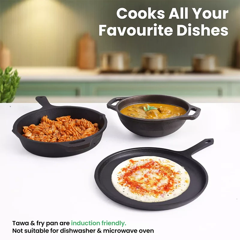 CASTrong Cast Iron Cookware Set: Tawa(25cm)+ Fry Pan(25cm) + Wok Kadai(20cm), Kitchen set for Home, Pre-seasoned,100% Pure Cast Iron Cookware,Toxin-free Pots and Pans, Free Tadka Pan - Image 9