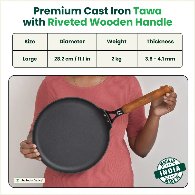 Premium CASTrong Cast Iron Dosa Tawa with Wooden Handle 28.2cm, Pre-seasoned, Naturally Nonstick, 100% Pure, Toxin-free, 2kg - Image 2