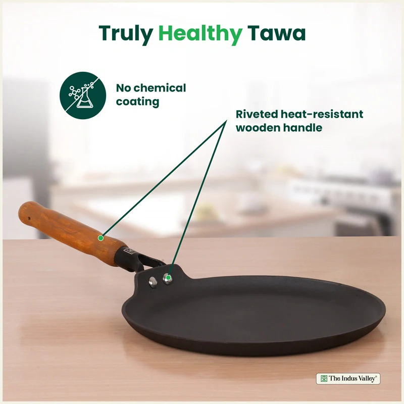 Premium CASTrong Cast Iron Dosa Tawa with Wooden Handle 28.2cm, Pre-seasoned, Naturally Nonstick, 100% Pure, Toxin-free, 2kg - Image 3