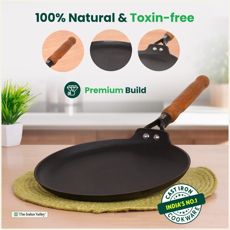 Premium CASTrong Cast Iron Dosa Tawa with Wooden Handle 28.2cm, Pre-seasoned, Naturally Nonstick, 100% Pure, Toxin-free, 2kg - Image 4
