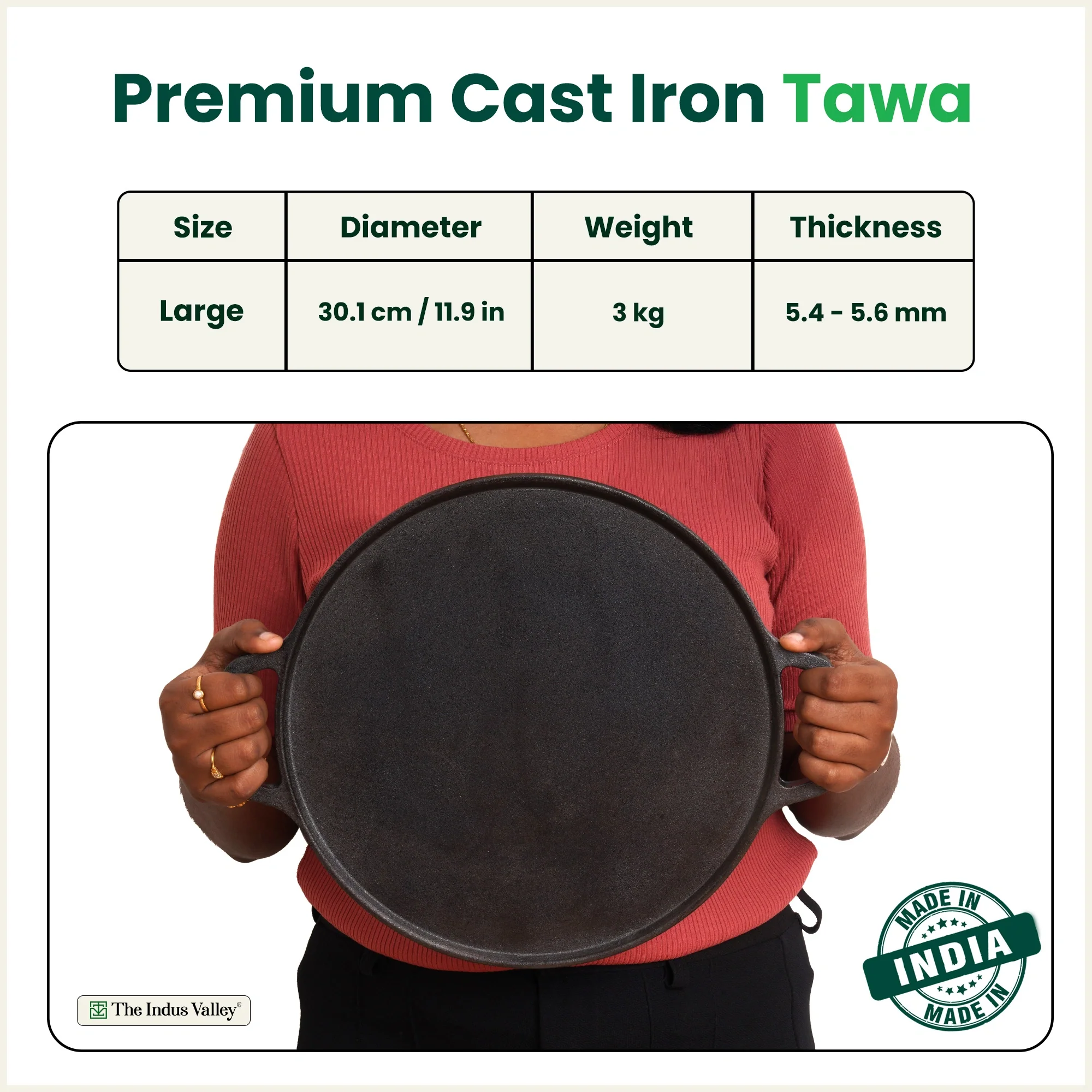 Premium CASTrong Cast Iron Double Handle Tawa 30.1cm, Pre-seasoned, Naturally Nonstick, 100% Pure, Toxin-free 3kg - Image 3