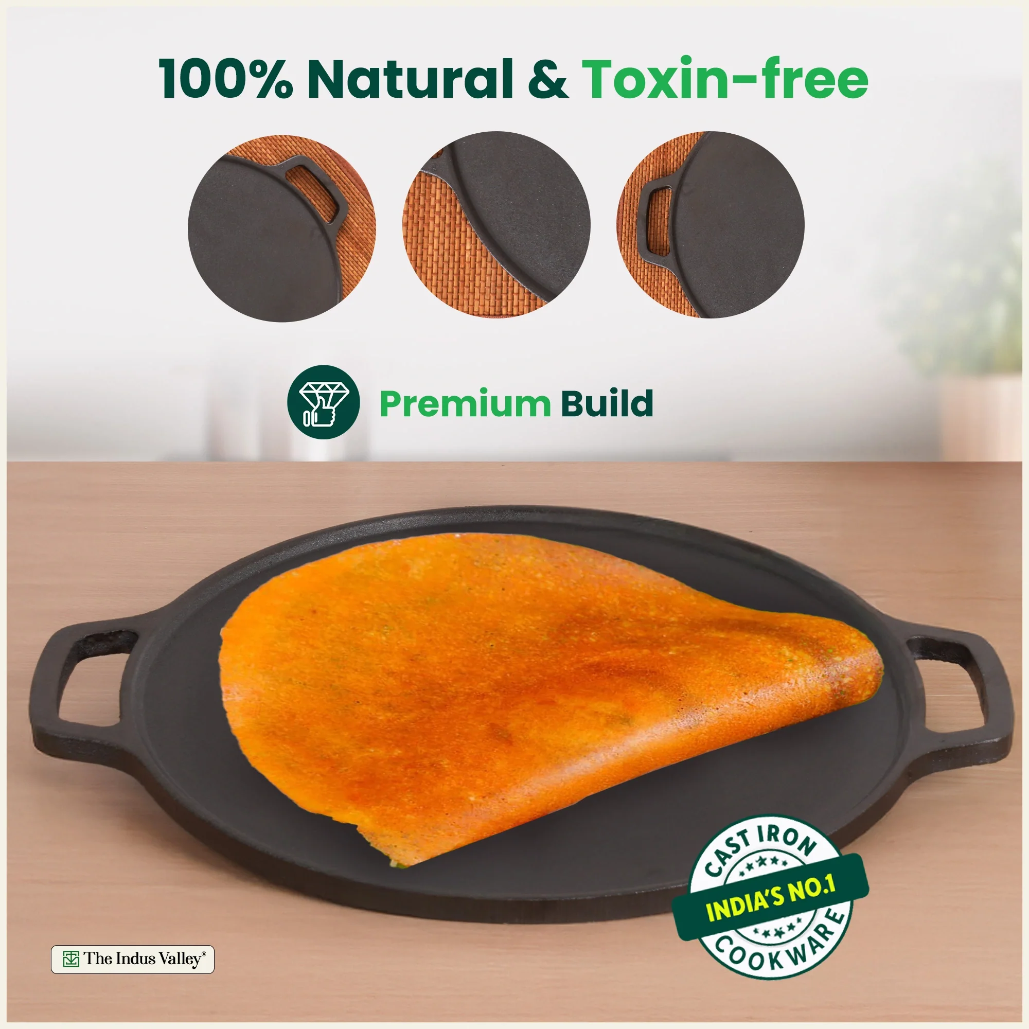 Premium CASTrong Cast Iron Double Handle Tawa 30.1cm, Pre-seasoned, Naturally Nonstick, 100% Pure, Toxin-free 3kg - Image 5