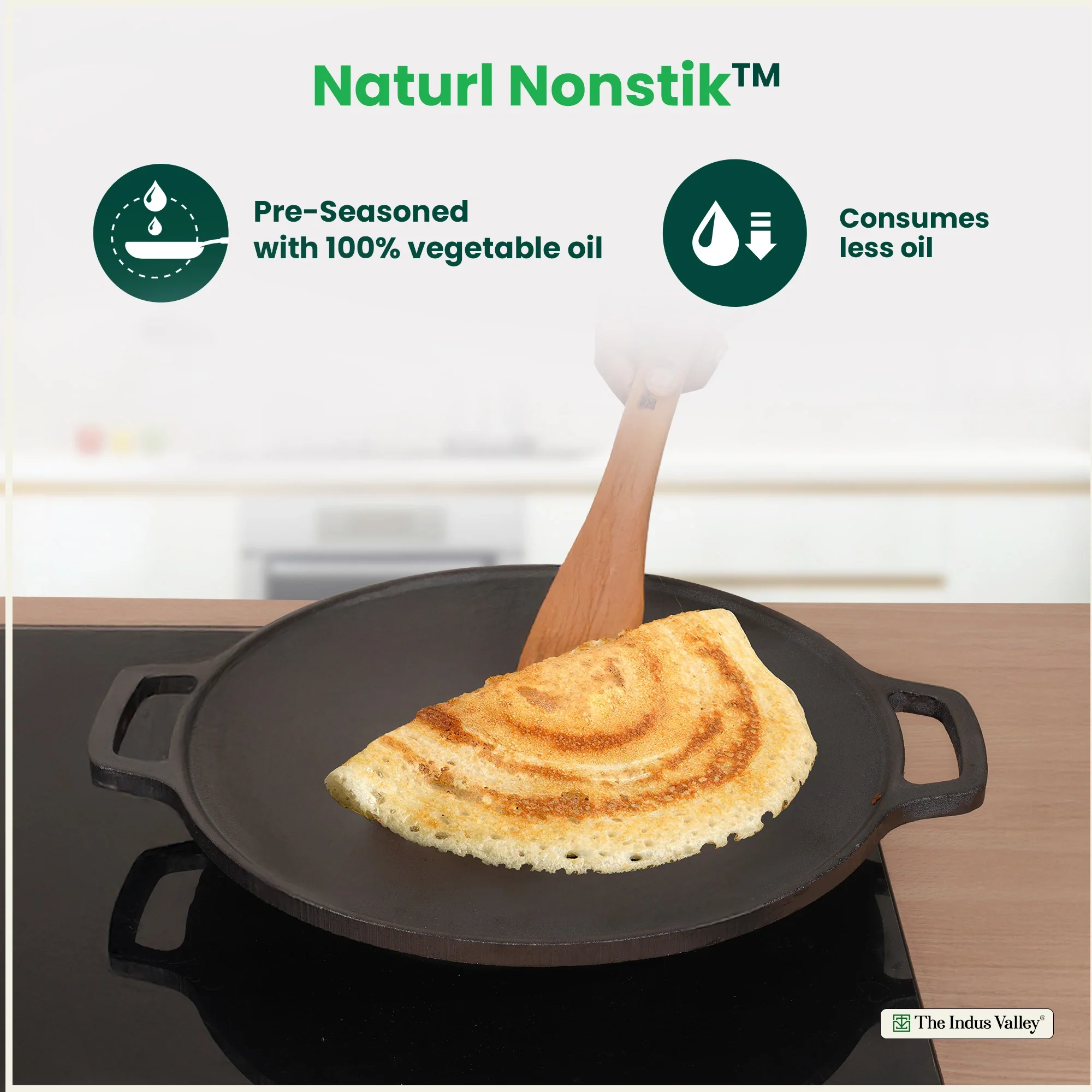 Premium CASTrong Cast Iron Double Handle Tawa 30.1cm, Pre-seasoned, Naturally Nonstick, 100% Pure, Toxin-free 3kg - Image 7