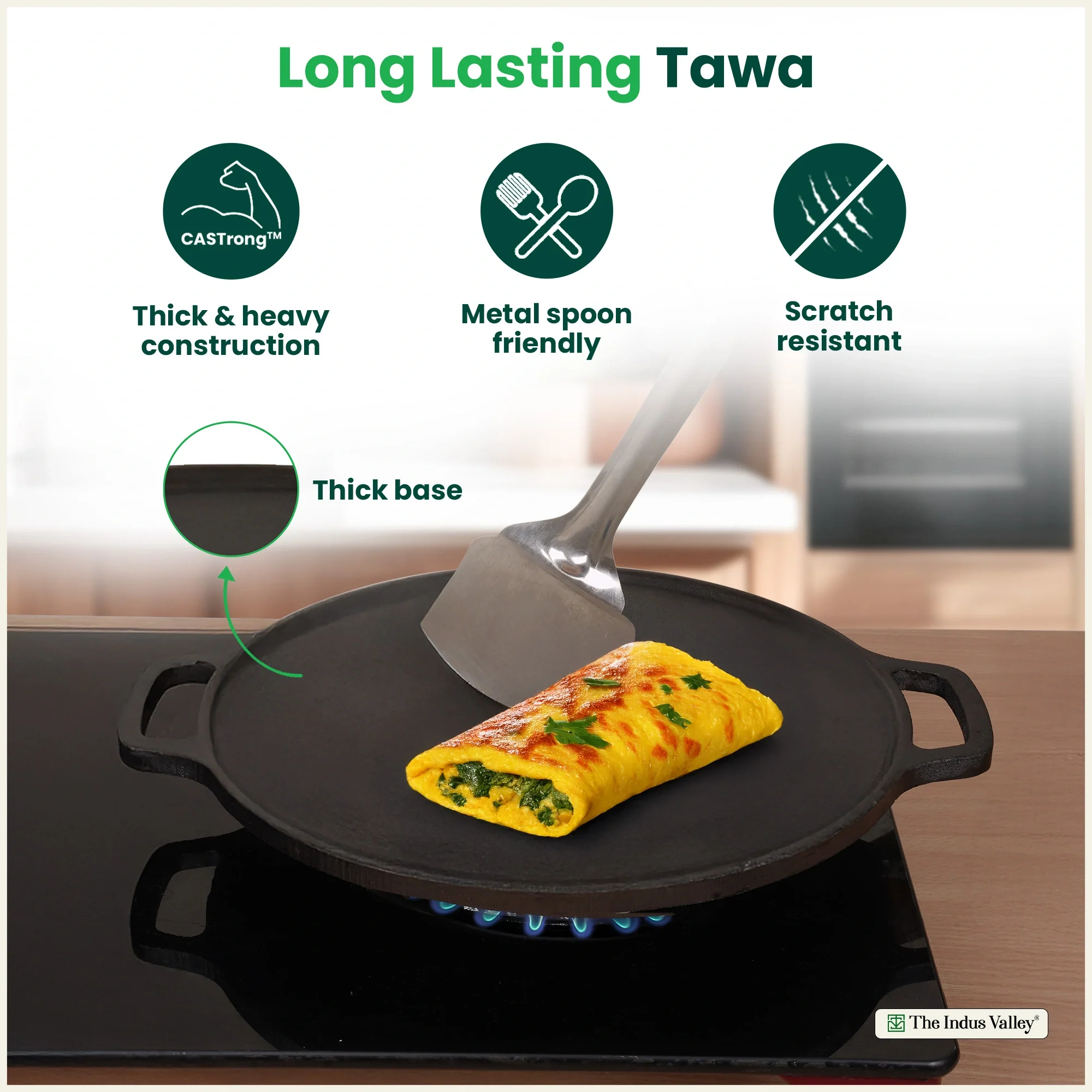 Premium CASTrong Cast Iron Double Handle Tawa 30.1cm, Pre-seasoned, Naturally Nonstick, 100% Pure, Toxin-free 3kg - Image 9