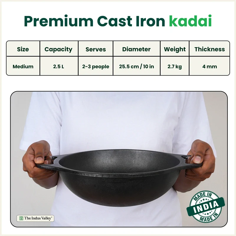 Premium CASTrong Cast Iron Kadai 25.5cm, Pre-seasoned, Naturally Nonstick, 100% Pure, Toxin-free, Medium 2.7kg - Image 2