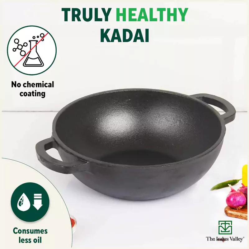 CASTrong Cast Iron Kadai 25.4 cm 2.3L, Pre-seasoned, Naturally Nonstick, 100% Pure, Toxin-free, Induction, Free  110 Spatula - Image 4