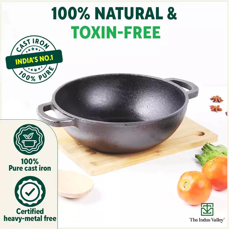 CASTrong Cast Iron Kadai 25.4 cm 2.3L, Pre-seasoned, Naturally Nonstick, 100% Pure, Toxin-free, Induction, Free  110 Spatula - Image 5