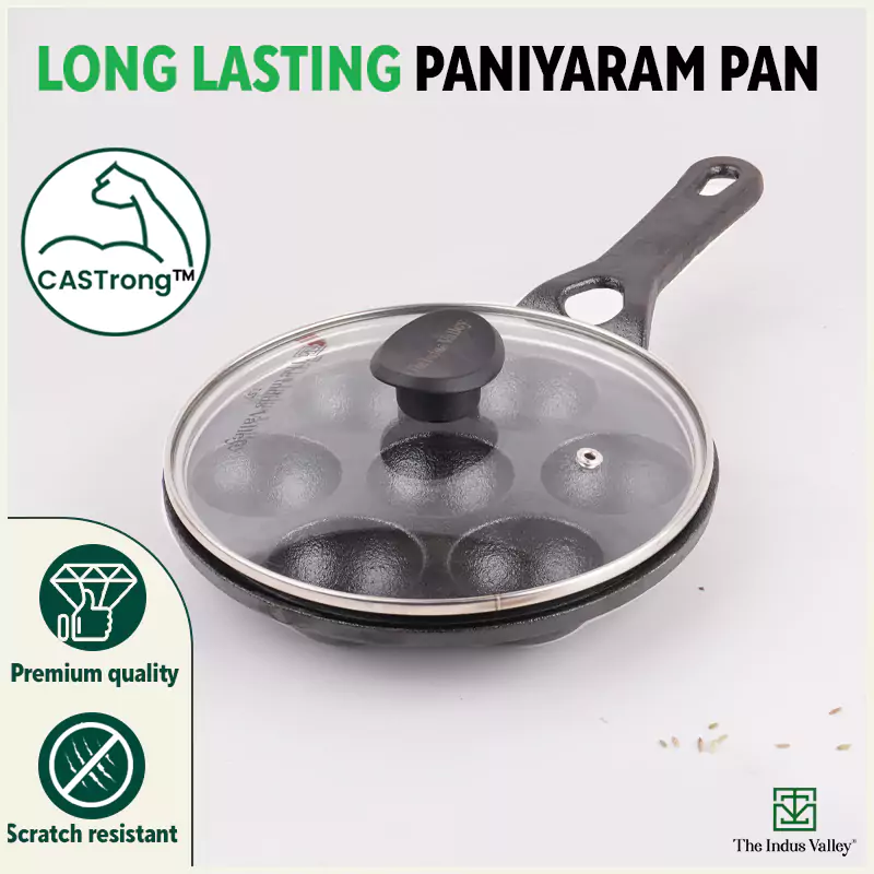 7 Pit/Cup CASTrong Cast Iron Paniyaram/Appe Pan+ Glass Lid 21 cm , Pre-seasoned, Naturally Nonstick, 100% Pure, Toxin-free - Image 10