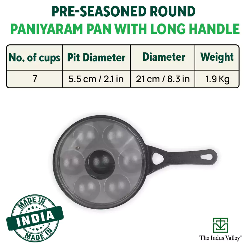 7 Pit/Cup CASTrong Cast Iron Paniyaram/Appe Pan+ Glass Lid 21 cm , Pre-seasoned, Naturally Nonstick, 100% Pure, Toxin-free - Image 3