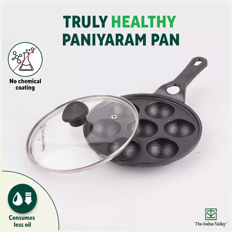 7 Pit/Cup CASTrong Cast Iron Paniyaram/Appe Pan+ Glass Lid 21 cm , Pre-seasoned, Naturally Nonstick, 100% Pure, Toxin-free - Image 4