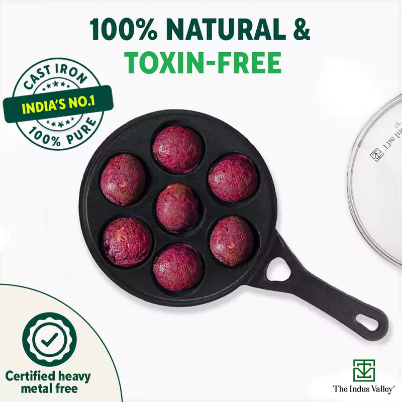 7 Pit/Cup CASTrong Cast Iron Paniyaram/Appe Pan+ Glass Lid 21 cm , Pre-seasoned, Naturally Nonstick, 100% Pure, Toxin-free - Image 5