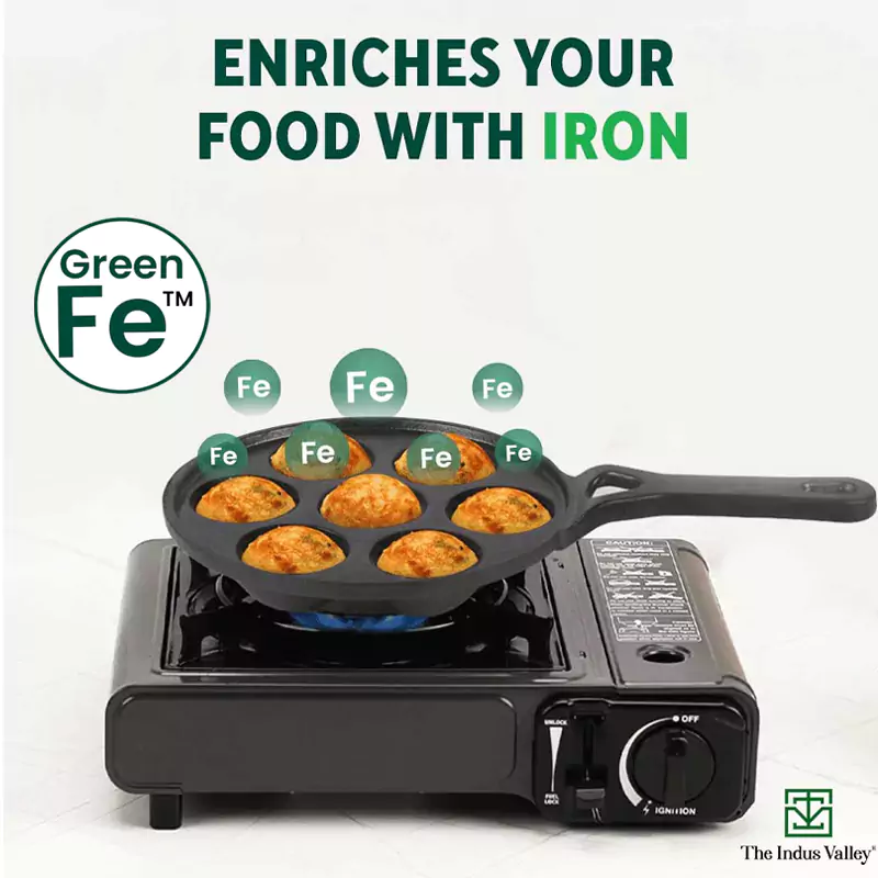 7 Pit/Cup CASTrong Cast Iron Paniyaram/Appe Pan+ Glass Lid 21 cm , Pre-seasoned, Naturally Nonstick, 100% Pure, Toxin-free - Image 6