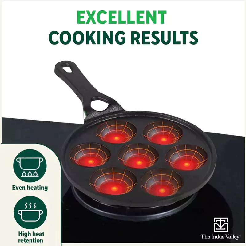7 Pit/Cup CASTrong Cast Iron Paniyaram/Appe Pan+ Glass Lid 21 cm , Pre-seasoned, Naturally Nonstick, 100% Pure, Toxin-free - Image 7