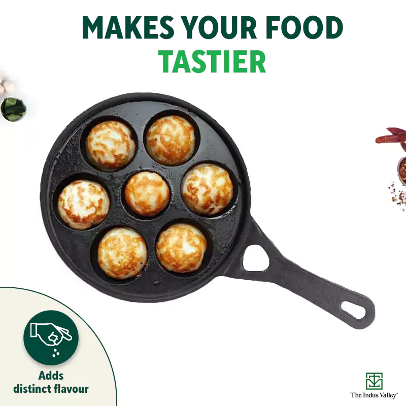 7 Pit/Cup CASTrong Cast Iron Paniyaram/Appe Pan+ Glass Lid 21 cm , Pre-seasoned, Naturally Nonstick, 100% Pure, Toxin-free - Image 9