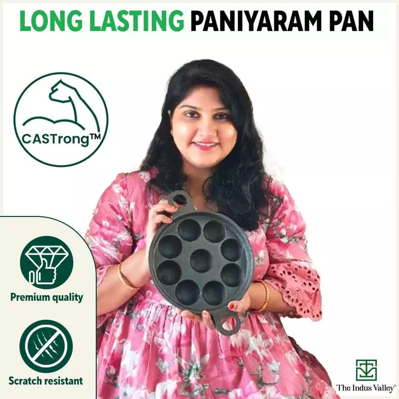 9 Pit/Cup CASTrong Cast Iron Paniyaram/Appe Pan+ Glass Lid 21 cm, Pre-seasoned, Natural Nonstick, 100% Pure, Toxin-free, Gas & Induction - Image 10