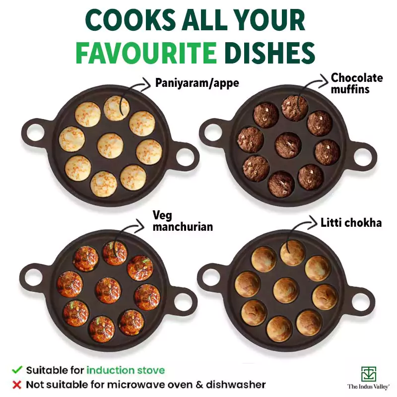 9 Pit/Cup CASTrong Cast Iron Paniyaram/Appe Pan+ Glass Lid 21 cm, Pre-seasoned, Natural Nonstick, 100% Pure, Toxin-free, Gas & Induction - Image 11