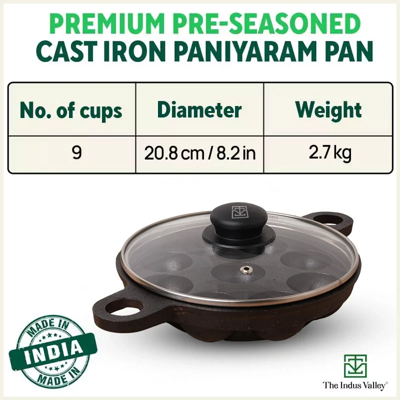 9 Pit/Cup CASTrong Cast Iron Paniyaram/Appe Pan+ Glass Lid 21 cm, Pre-seasoned, Natural Nonstick, 100% Pure, Toxin-free, Gas & Induction - Image 3