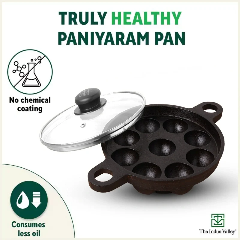 9 Pit/Cup CASTrong Cast Iron Paniyaram/Appe Pan+ Glass Lid 21 cm, Pre-seasoned, Natural Nonstick, 100% Pure, Toxin-free, Gas & Induction - Image 4