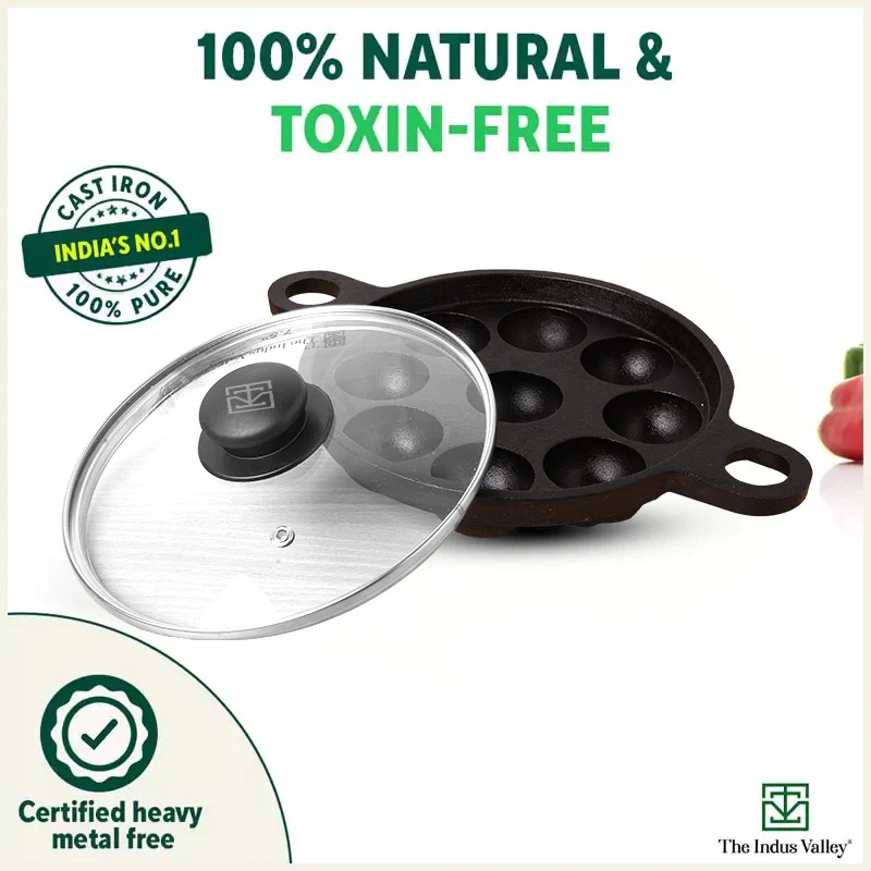 9 Pit/Cup CASTrong Cast Iron Paniyaram/Appe Pan+ Glass Lid 21 cm, Pre-seasoned, Natural Nonstick, 100% Pure, Toxin-free, Gas & Induction - Image 5