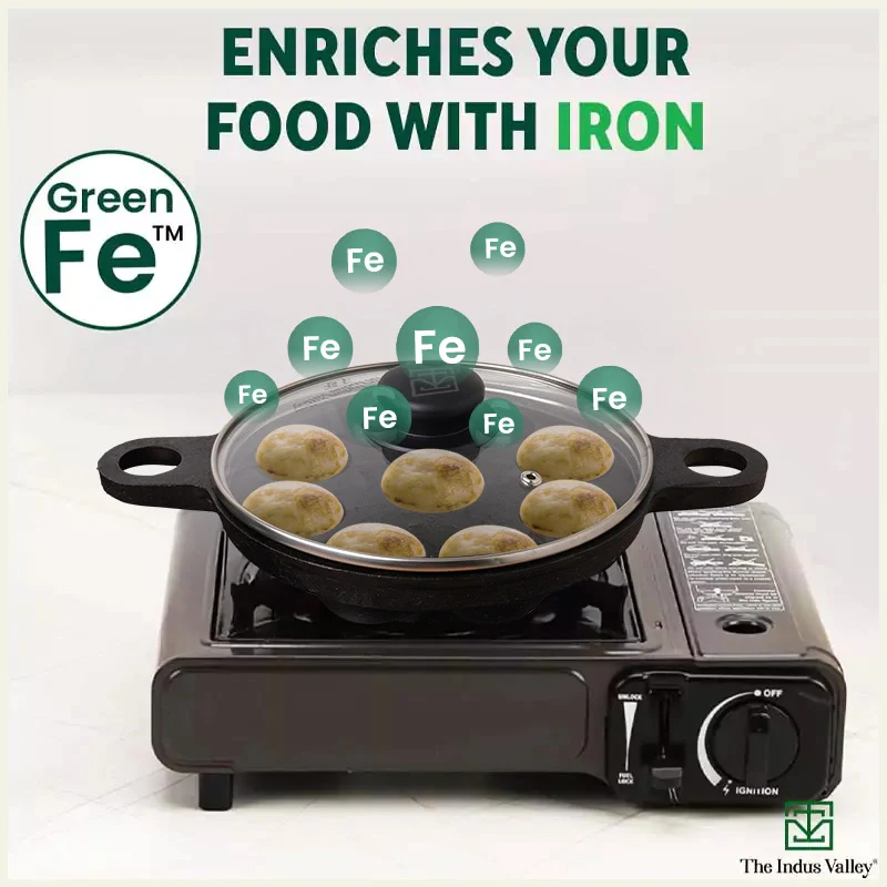 9 Pit/Cup CASTrong Cast Iron Paniyaram/Appe Pan+ Glass Lid 21 cm, Pre-seasoned, Natural Nonstick, 100% Pure, Toxin-free, Gas & Induction - Image 6