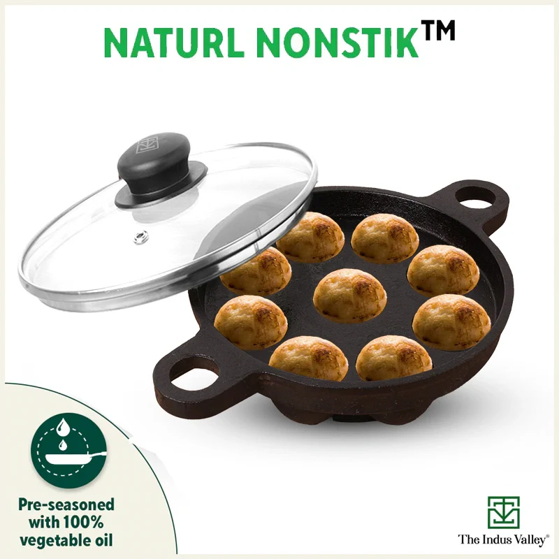 9 Pit/Cup CASTrong Cast Iron Paniyaram/Appe Pan+ Glass Lid 21 cm, Pre-seasoned, Natural Nonstick, 100% Pure, Toxin-free, Gas & Induction - Image 7