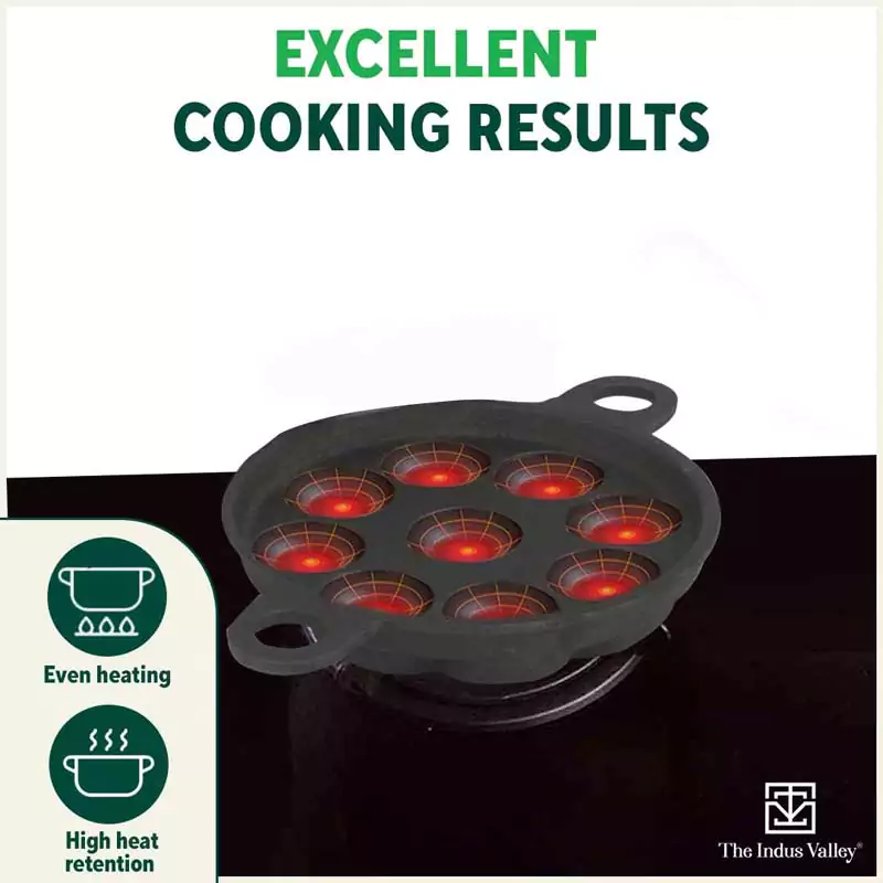 9 Pit/Cup CASTrong Cast Iron Paniyaram/Appe Pan+ Glass Lid 21 cm, Pre-seasoned, Natural Nonstick, 100% Pure, Toxin-free, Gas & Induction - Image 8