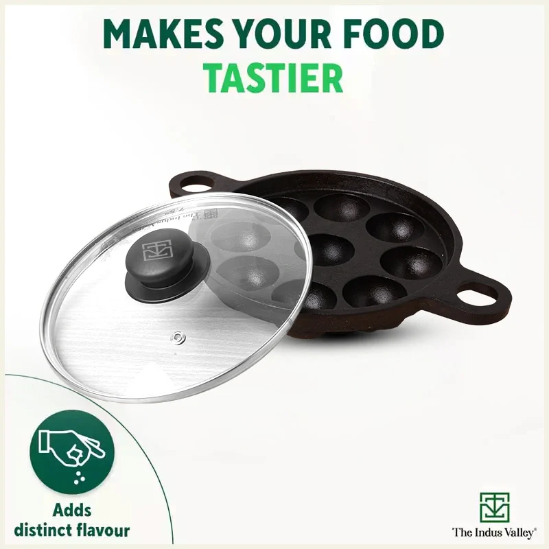 9 Pit/Cup CASTrong Cast Iron Paniyaram/Appe Pan+ Glass Lid 21 cm, Pre-seasoned, Natural Nonstick, 100% Pure, Toxin-free, Gas & Induction - Image 9